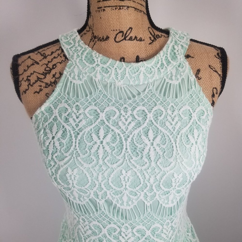 Crochet Lace A line High Neck Aqua Dress sz S - Picture 2 of 8